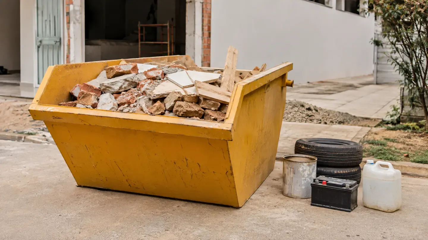 Caçamba com resíduos de construção e materiais de descarte especial separados